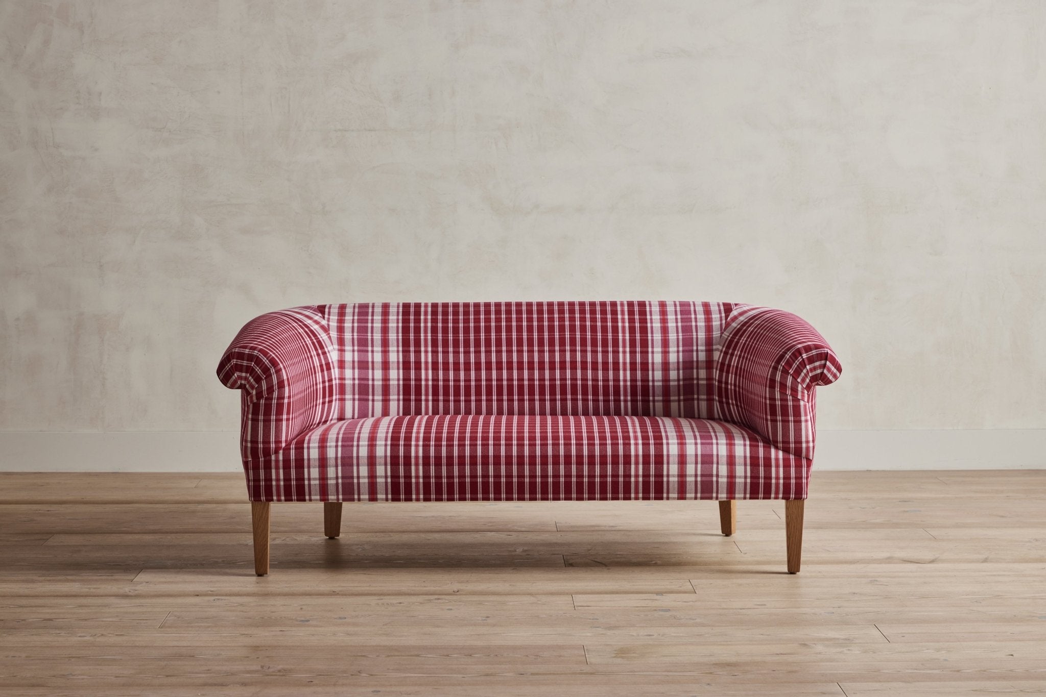 Shown in Customer’s Own Material (Italian Burgundy Plaid) and Natural Oak