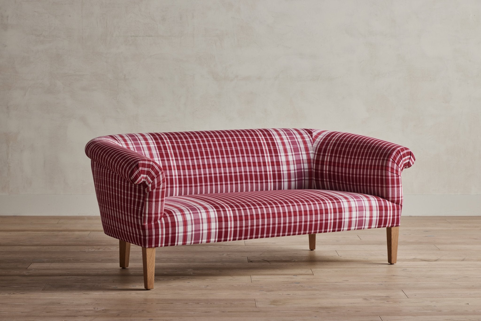 Shown in Customer’s Own Material (Italian Burgundy Plaid) and Natural Oak