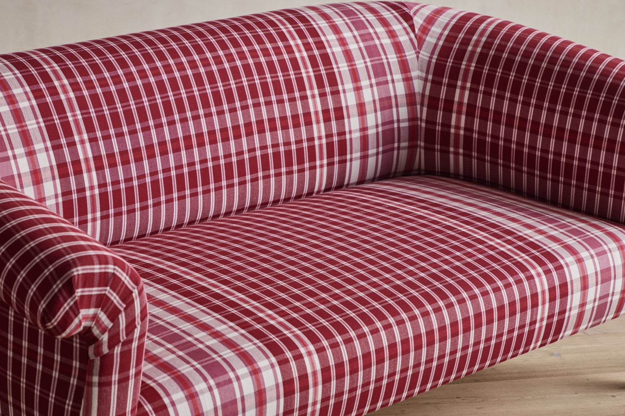 Shown in Customer’s Own Material (Italian Burgundy Plaid) and Natural Oak