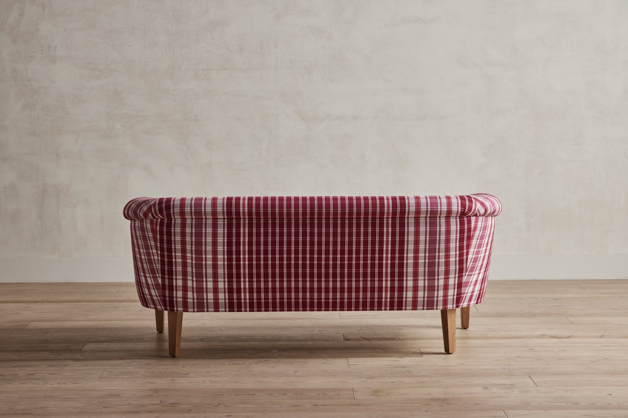 Shown in Customer’s Own Material (Italian Burgundy Plaid) and Natural Oak