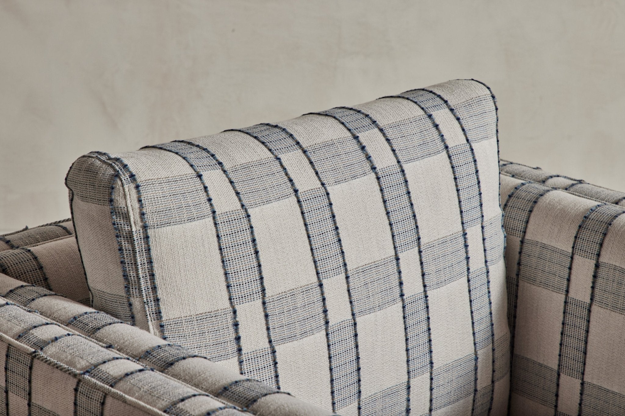 Shown in Customer's Own Material (Schumacher Elko Plaid) and Natural Oak plinth