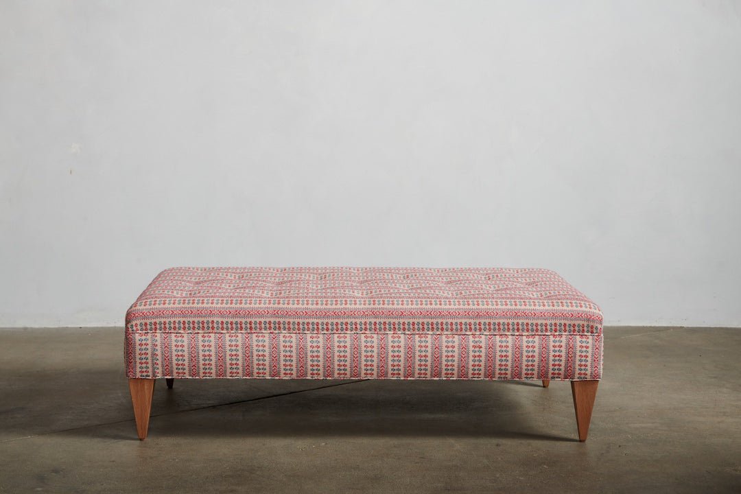Shown in Susan Deliss Patmos in Red/Indigo/Antique with Natural Oak