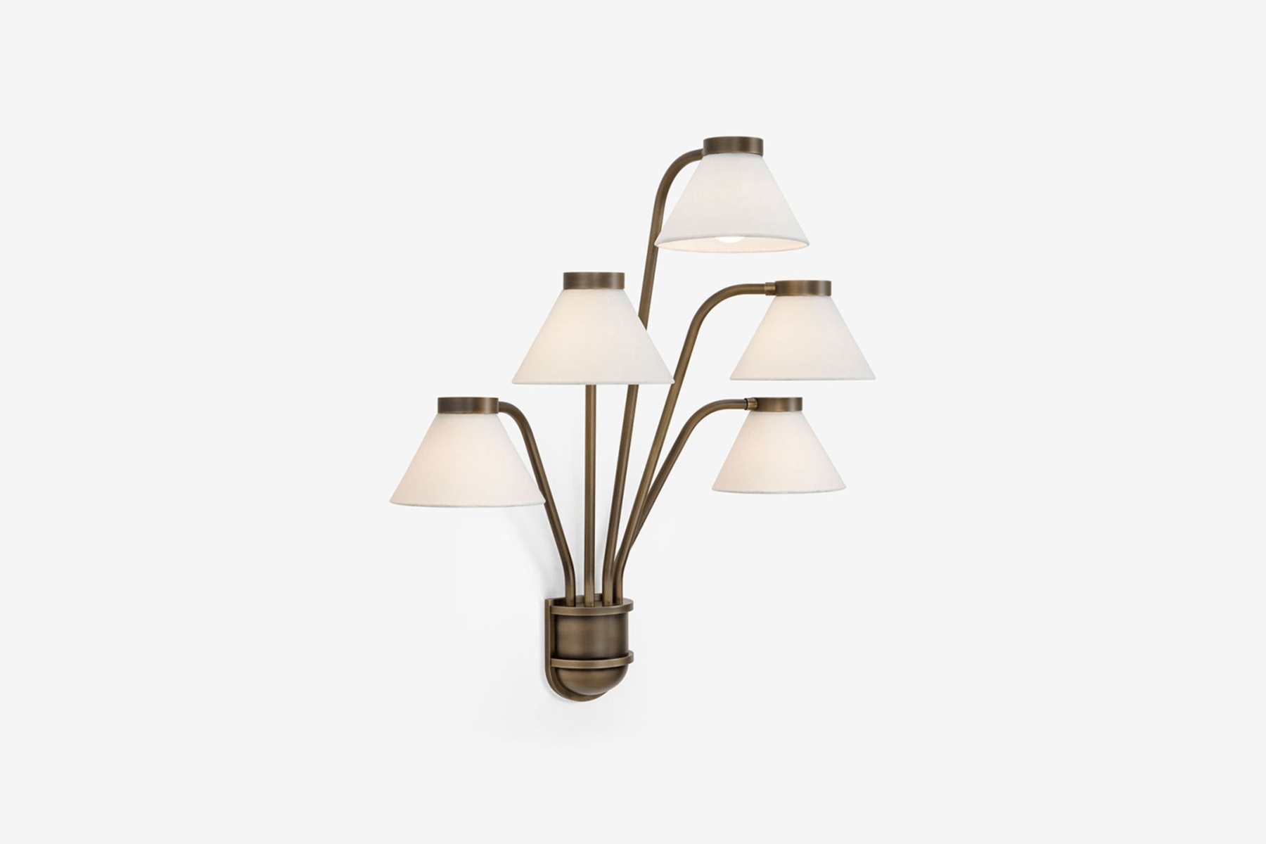 Shown in Antique Brass with White Linen Shades