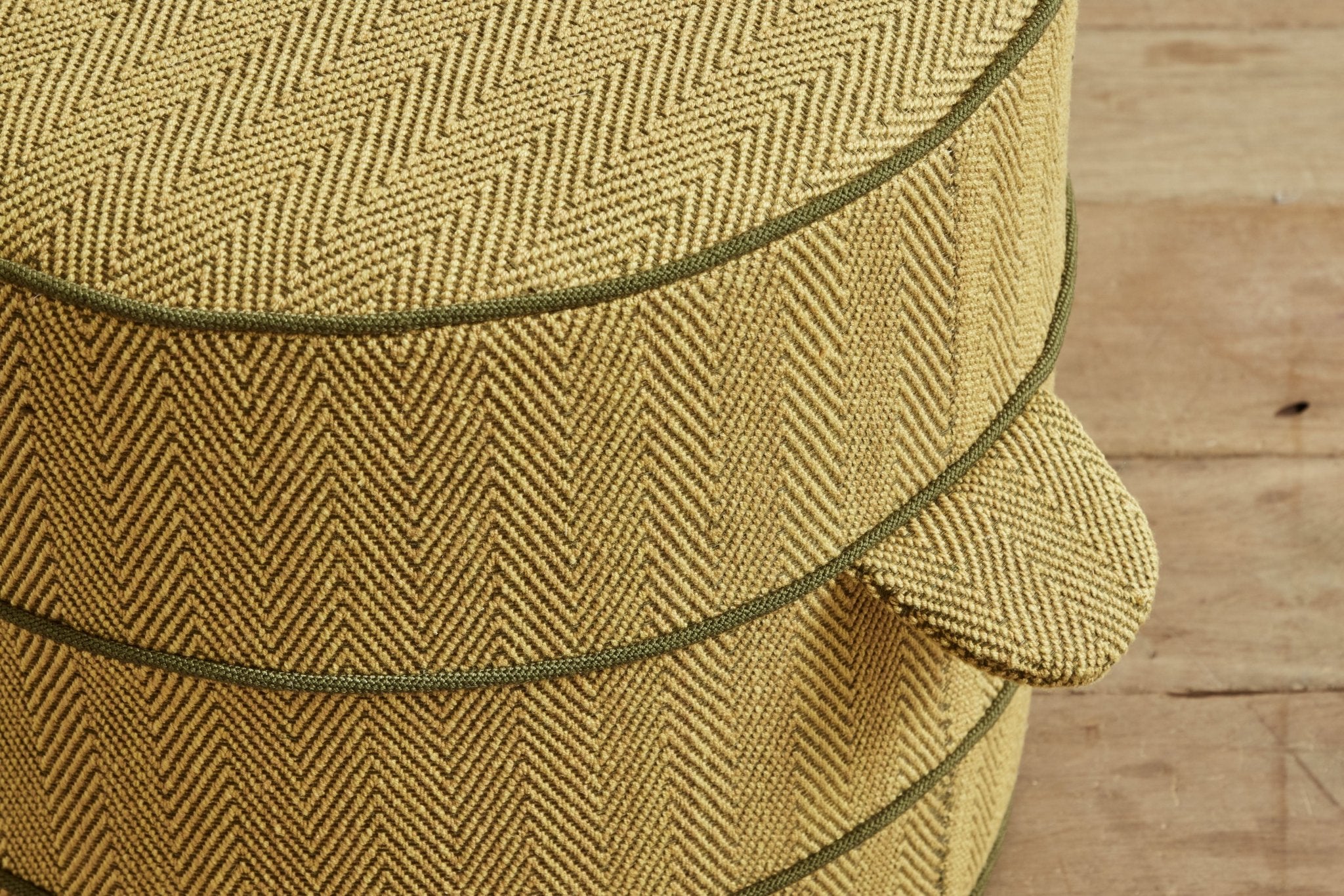 Shown in Small (17 in) in Customer's Own Material (vintage mustard green woven fabric with vintage green contrast welt)