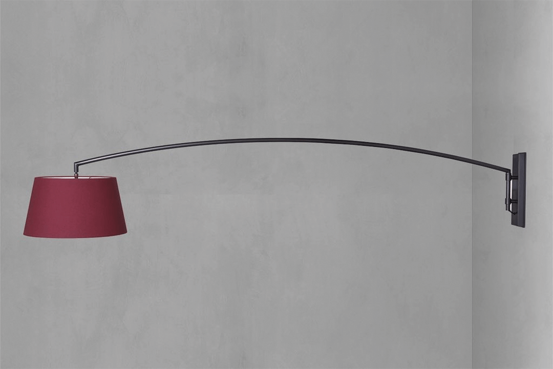 Shown in Oxblood Linen Book-Cloth Shade & Blackened Steel, 96 in.