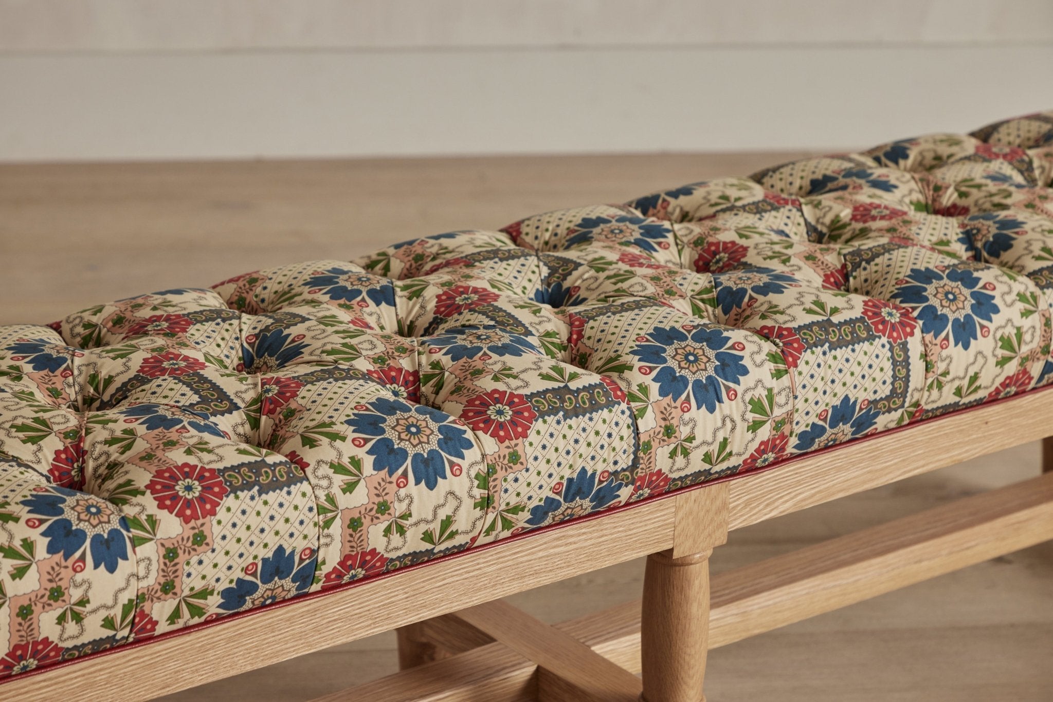 Shown in Natural Oak and Customer's Own Material (Decors Barbares Jardin Couranien Pink with Howe Poppy Leather Piping)