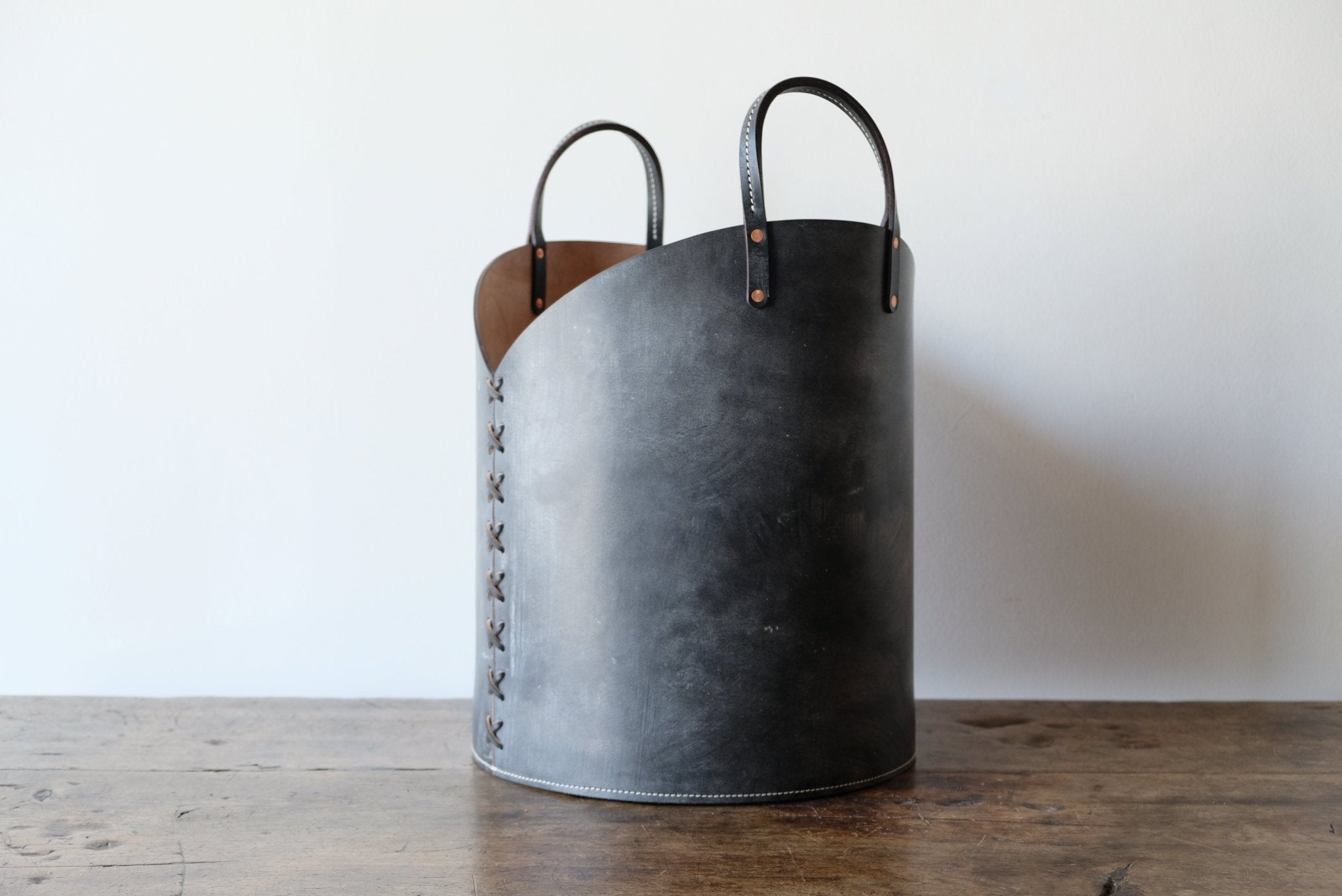 Otis Ingrams, Leather Log Basket in Charcoal Black - Nickey Kehoe