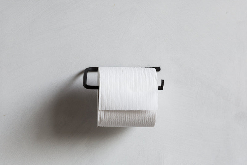 One Fog Linen Rustic Iron Toilet Tissue Holder and a roll of toilet tissue.